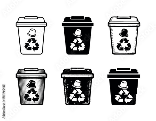 Reusable capsule recycling bin container with lid used to collect and dispose of used coffee pods responsibly  Create ONE image