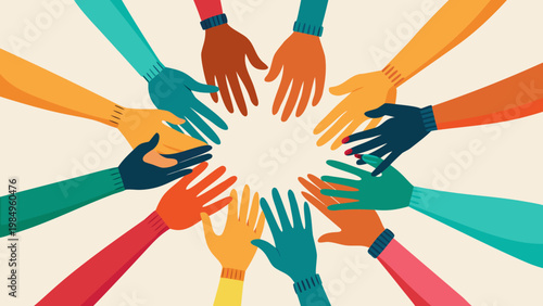 Diverse hands joined together in a circle of unity and cooperation