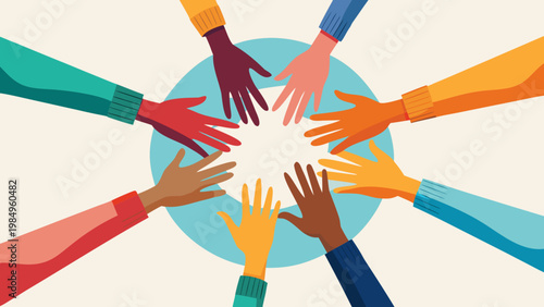 Diverse hands joining together in a circle of unity and collaboration