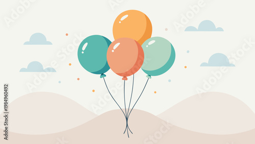 Three colorful balloons floating together against a sky backdrop
