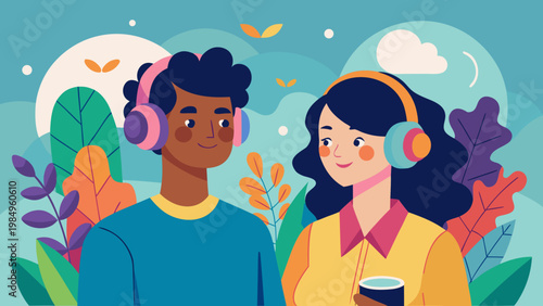 Two people discussing while wearing futuristic virtual reality headsets.