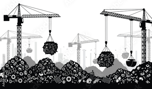 A stark black and white illustration depicts construction cranes looming over a massive heap of waste and debris a powerful silhouette high quality professional