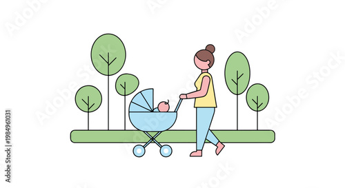 Woman pushing baby stroller in public park with green trees representing motherhood and daily outdoors