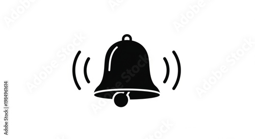 Notification bell icon, ringing alarm symbol, black sound wave signal, alert vector graphic