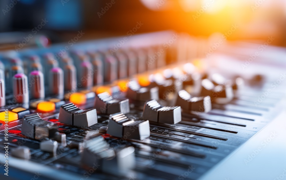 Fototapeta premium Closeup of Professional Mixing Console with Multiple Faders and Knobs
