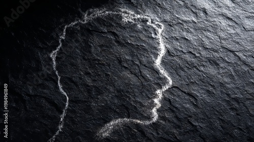 Silhouette of a head drawn in chalk on a dark stone surface, symbolizing the thought process, brainstorming, creativity development.