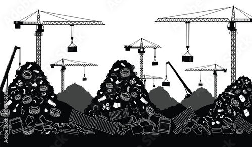A stark black and white image depicts a landscape of construction debris and cranes suggesting urban development amidst waste silhouette high quality professional detailed