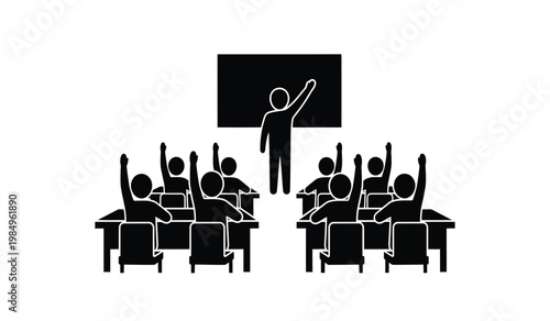 A minimalist depiction of a classroom scene showcases a teacher presenting to students with raised hands rendered as a striking silhouette high quality professional
