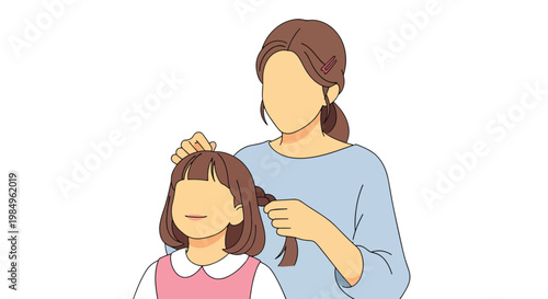 Mother braiding daughter hair, close up of mom styling childs hair, gentle touch, bonding moment, childhood innocence