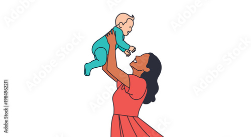 Happy mother lifting baby up in air showing love and joy for newborn child isolated