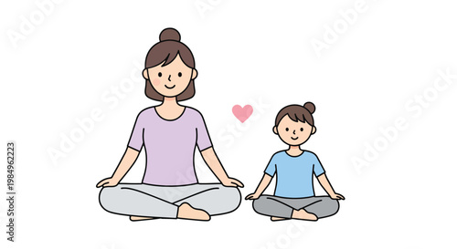 Mother and daughter practicing yoga together sitting in lotus pose with heart symbol for healthy life