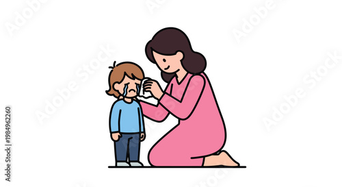 Compassionate mother wiping tears from crying child eyes providing comfort and emotional care support
