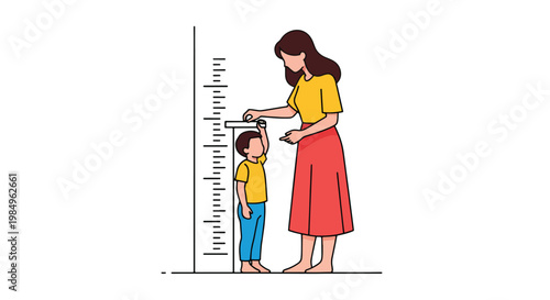 Mother measures child height. parent records kid growth. son standing near wall ruler