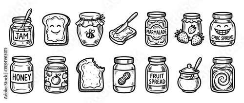 Delightful collection of hand-drawn breakfast spreads and toast illustrations, showcasing various jars of sweet spreads and happy toast slices in a cheerful doodle art style