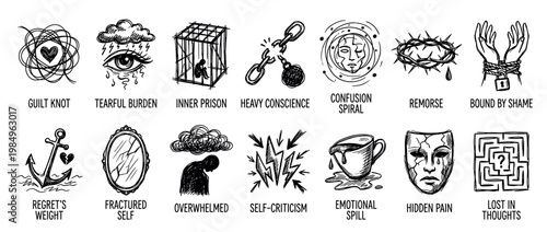 Twelve hand-drawn black and white illustrations depict various negative emotions and mental health concepts in a symbolic, expressive style