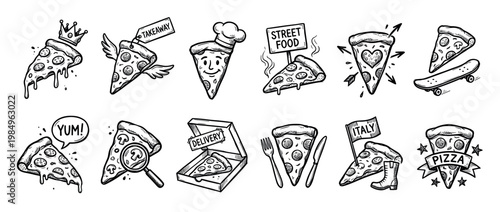 Hand-drawn black and white pizza slices are creatively illustrated in a playful cartoon style, showcasing themes like royalty, quick service, culinary art, and food transportation