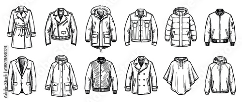 Twelve diverse hand-drawn sketch-style coats and jackets are neatly arranged, showcasing a variety of fashionable outerwear designs with intricate line art details and a classic illustrative aesthetic