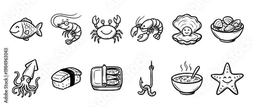 Collection of cute hand-drawn seafood illustrations featuring fish, shrimp, crab, lobster, oyster, clams, squid, sushi, sardines, a fishing hook, soup, and starfish in a charming doodle style