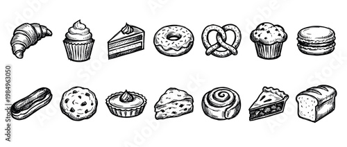 Various hand-drawn black and white bakery items and sweet desserts are illustrated in a classic sketch art style, showcasing a delicious assortment of pastries and bread