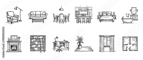 Various hand-drawn interior furniture and home elements are depicted in a detailed sketch style, illustrating common household items and room layouts with a clean, artistic line art aesthetic