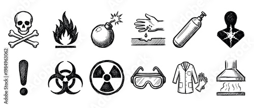 Comprehensive collection of hand-drawn safety hazard icons, depicting various dangers and protective measures in a detailed sketch style