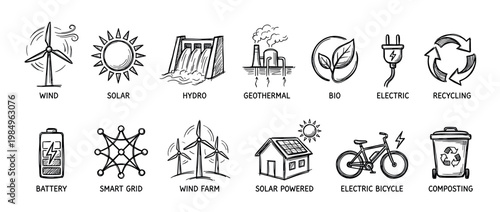 Comprehensive collection of hand-drawn black and white icons illustrates various renewable energy, sustainability, and eco-friendly concepts with a clear, informative doodle style