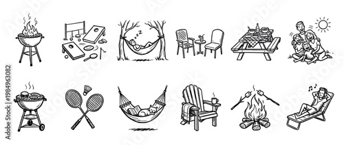 Collection of hand-drawn black and white illustrations showcasing various outdoor leisure activities like barbecues, games, relaxation, and family time, rendered in a charming doodle style