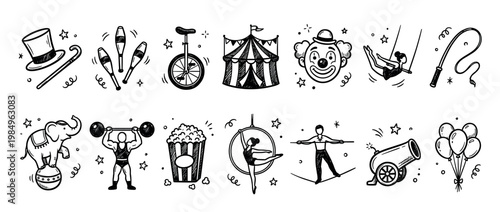 Collection of hand-drawn circus themed doodle icons features various entertainment elements in a whimsical, illustrative, and playful black and white sketch style