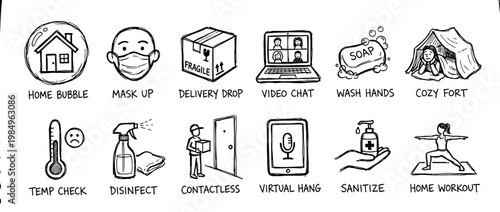 Collection of hand-drawn icons illustrating pandemic safety measures and home lifestyle activities, depicted in a simple, clean, black and white line art style