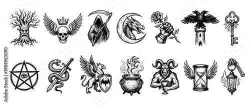 This collection of detailed gothic fantasy illustrations features mystical symbols, mythical creatures, and occult elements rendered in a dark, hand-drawn sketch style