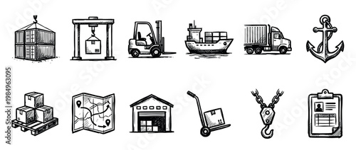 Collection of hand-drawn logistics and shipping icons depicts various elements of global transportation and delivery in a charming, illustrative sketch style