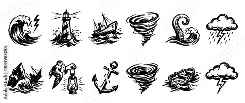 Collection of hand-drawn nautical and weather icons depicting stormy seas, lighthouses, ships, anchors, kraken, tornadoes, and rain clouds with lightning in a vintage sketch style