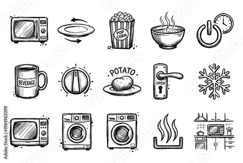 Hand-drawn black and white household and kitchen icons are neatly arranged in a grid, showcasing various appliances, food, and functional symbols with a rustic, doodle art style