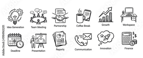 Comprehensive business doodle icons set illustrates various corporate concepts like idea generation, team meetings, partnerships, growth, and finance in a hand-drawn, engaging style