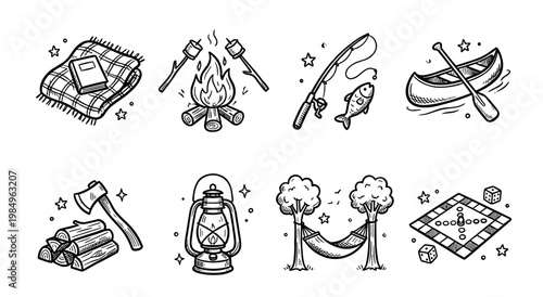 This set of hand-drawn camping and outdoor icons features a campfire, fishing rod, canoe, axe, lantern, hammock, board game, and blanket with a book, rendered in a playful sketch style