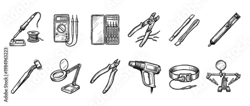 Comprehensive set of electronic repair tools, including soldering iron, multimeter, screwdrivers, pliers, and magnifying glass, rendered in a detailed hand-drawn sketch style