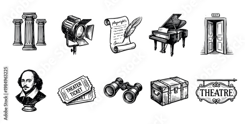 Comprehensive collection of hand-drawn theatre and drama themed icons are rendered in a detailed vintage sketch style, perfect for illustrating performing arts concepts