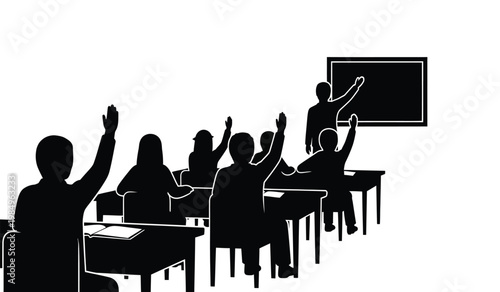 A classroom scene depicts students actively participating with raised hands a teacher leading and desks arranged in rows a striking silhouette high quality professional