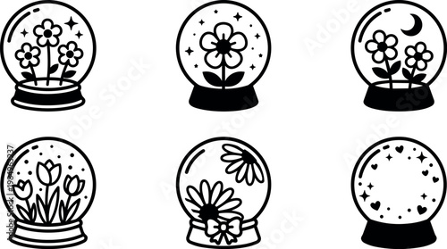 Black and white floral snow globe vector art with stars hearts and moon elements