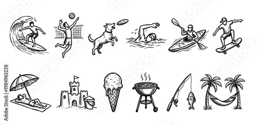 Collection of hand-drawn black and white summer activity illustrations depicts diverse leisure pursuits and vacation elements, rendered in a charming, energetic sketch style