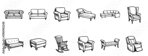 Diverse collection of classic upholstered seating furniture illustrations, showcasing various sofas, armchairs, and benches in a detailed vintage engraved style