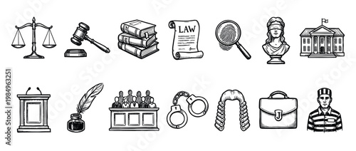 Comprehensive collection of hand-drawn legal icons, symbolizing justice and law enforcement, presented in a detailed sketch style isolated on a clean white background