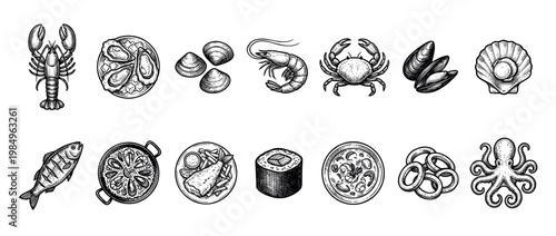 Vintage hand-drawn black and white seafood illustrations featuring various marine creatures and prepared dishes, rendered in an intricate engraving style, isolated on a clean white background
