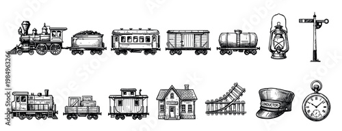Vintage hand-drawn railway elements collection features various steam locomotives, passenger and freight cars, a station, tracks, and classic accessories in a detailed sketch style