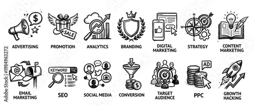 Fourteen hand-drawn black and white marketing icons illustrate essential business concepts like advertising, SEO, social media, and strategy, presented in a clean, illustrative doodle style