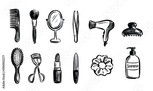 Various hand-drawn beauty and personal care items are depicted in a monochrome sketch style, showcasing essential grooming tools and cosmetics with a charming artistic flair