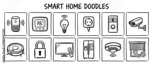 This collection of hand-drawn smart home icons depicts various modern technologies and devices, rendered in a simple, clean doodle style with bold black lines