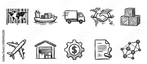 Hand drawn sketch style logistics and global trade icons are neatly arranged, depicting various elements of shipping, delivery, finance, and international business in a clear, illustrative manner