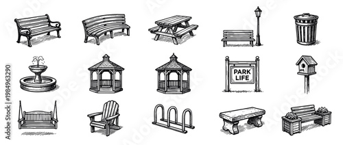Various hand-drawn park elements and outdoor furniture are depicted in a detailed vintage engraving style, showcasing benches, a picnic table, gazebos, and other recreational items