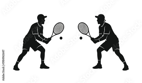 Two tennis players are depicted in a dynamic pose ready to volley during a match shown as a silhouette high quality professional detailed modern